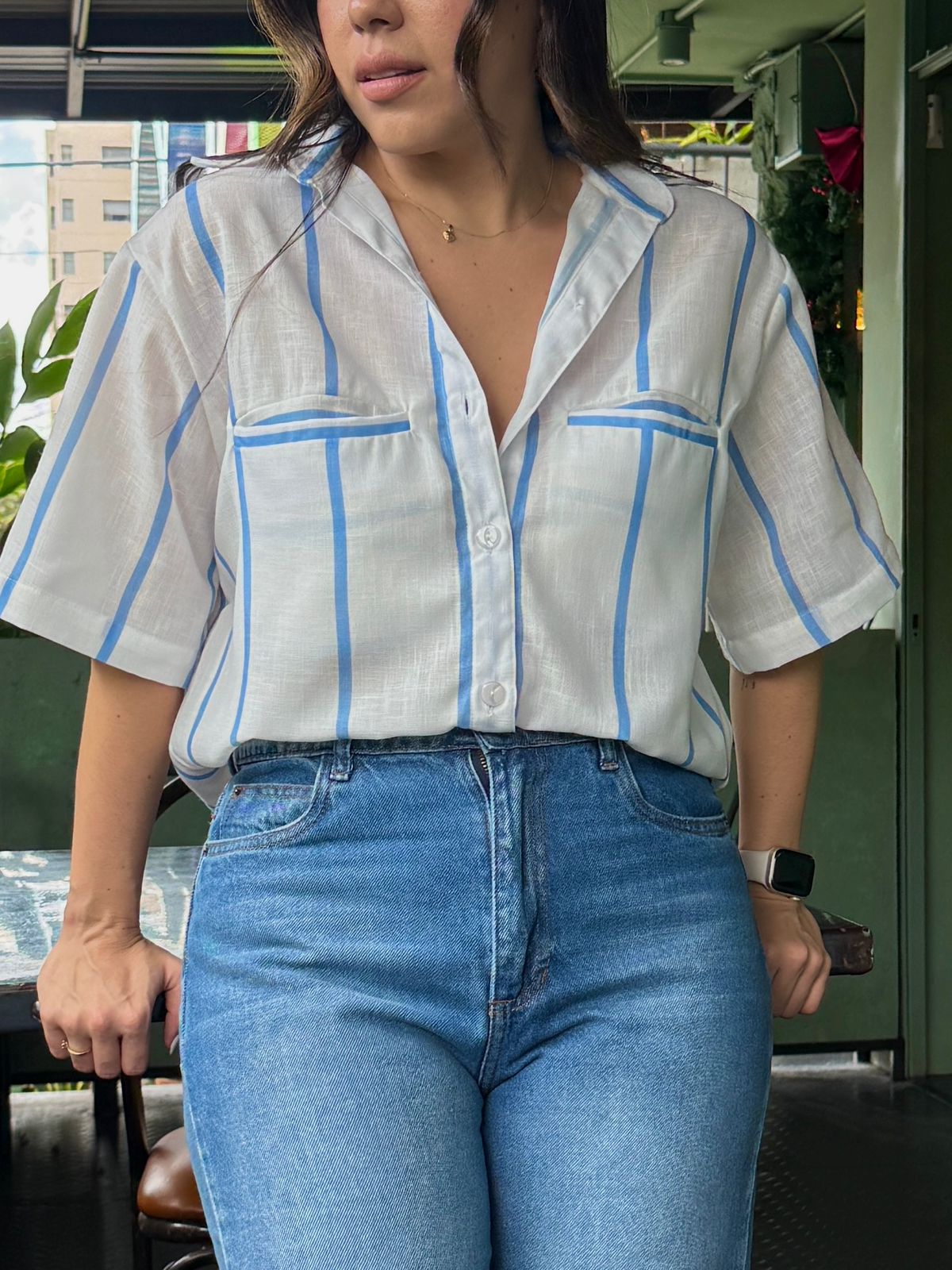 Camisera Lino Rayas Celeste