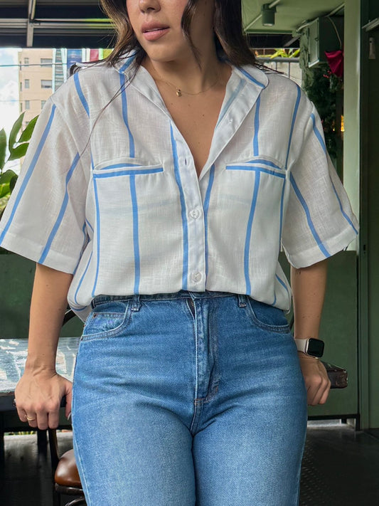 Camisera Lino Rayas Celeste